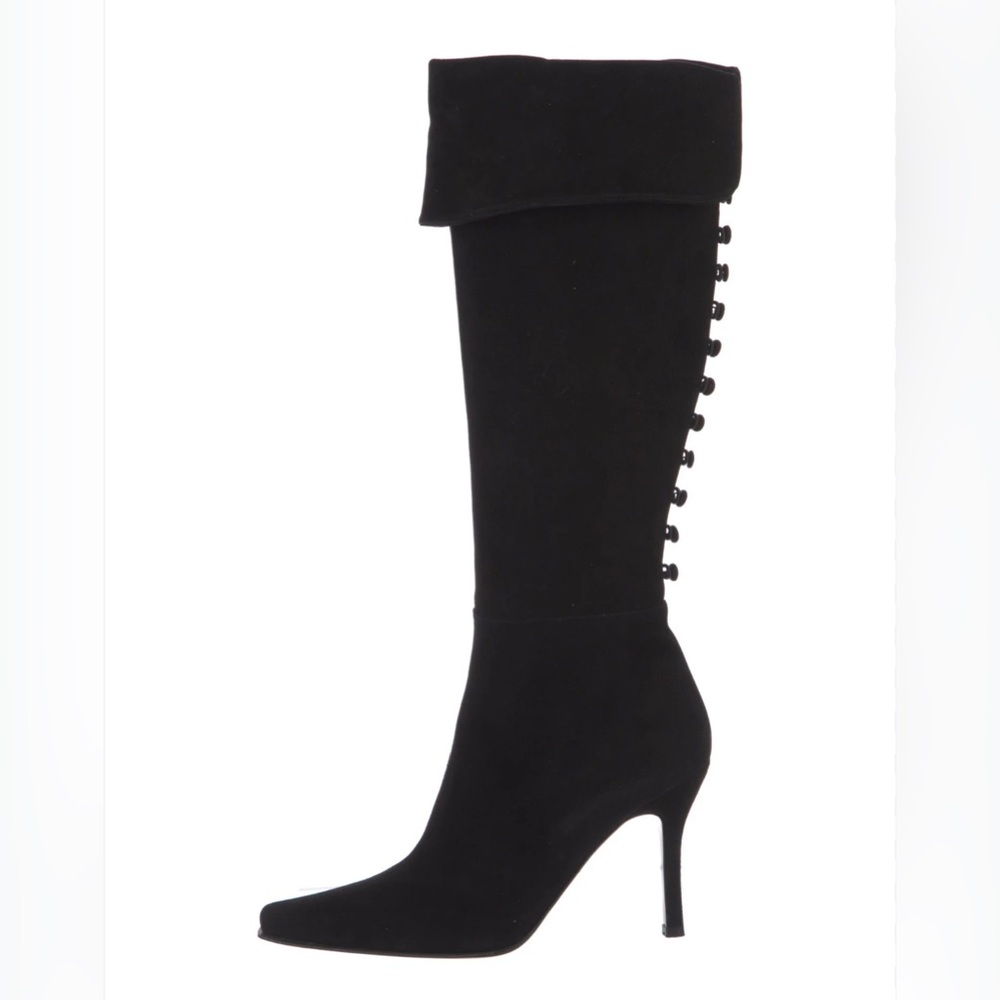 Stuart Weitzman Black Suede Button Down Cuffed Knee-High Heeled Boots Size 8.5 - Picture 2 of 16